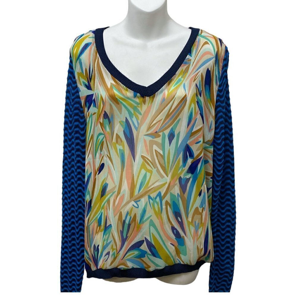 MISSONI for Target Womens Top L/XL Blue Print Blouse with Knit Back